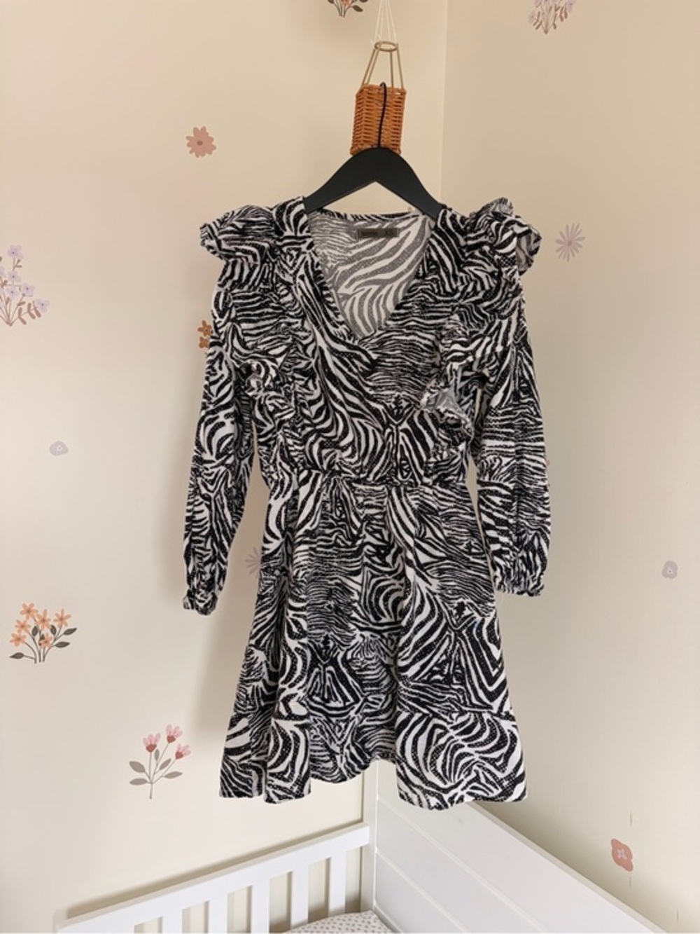 Black & White Zebra Print Ruffle Wrap Dress long sleeve - Size XS